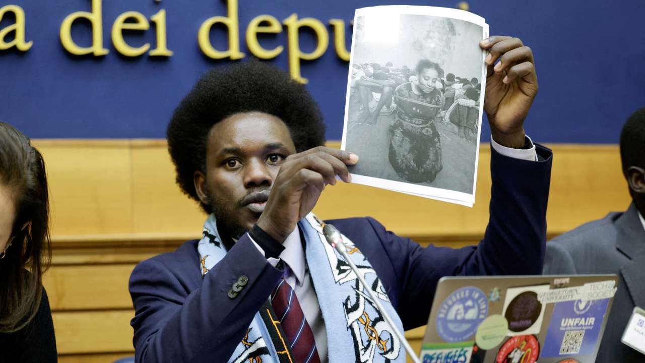 Migrants who were maltreated by Libyan ICC suspect Osama Elmasry Njeem hold a press conference in Rome