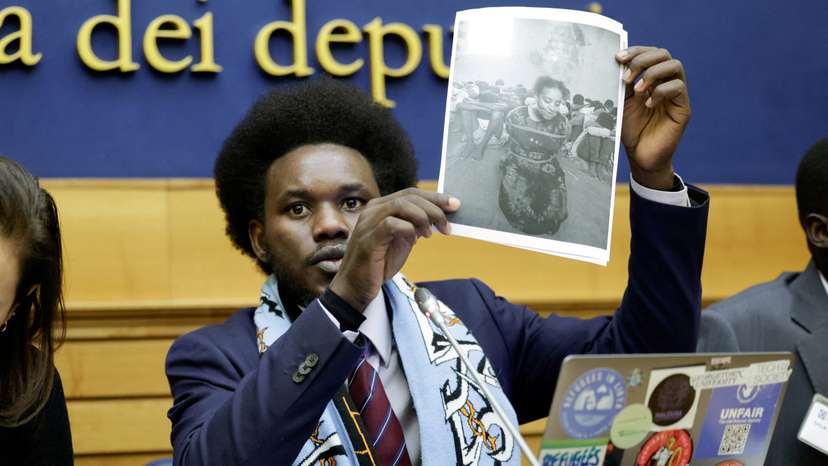 Migrants who were maltreated by Libyan ICC suspect Osama Elmasry Njeem hold a press conference in Rome