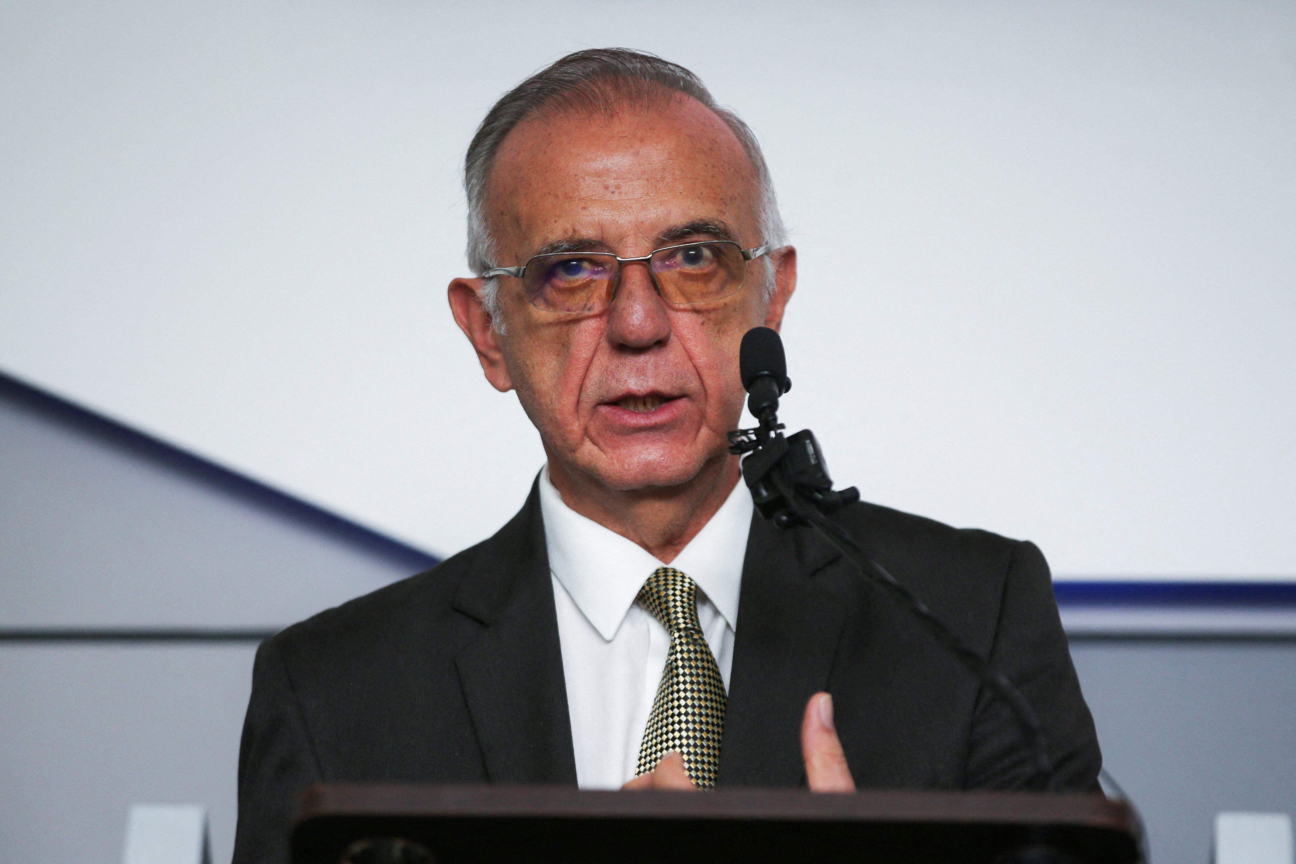 Colombian Defense Minister Ivan Velasquez speaks during a press conference at the Colombian Ministry of National Defense, in Bogota