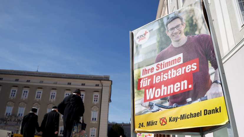 Election campaign poster of Communist Plus party candidate Kay-Michael Dankl in Salzburg