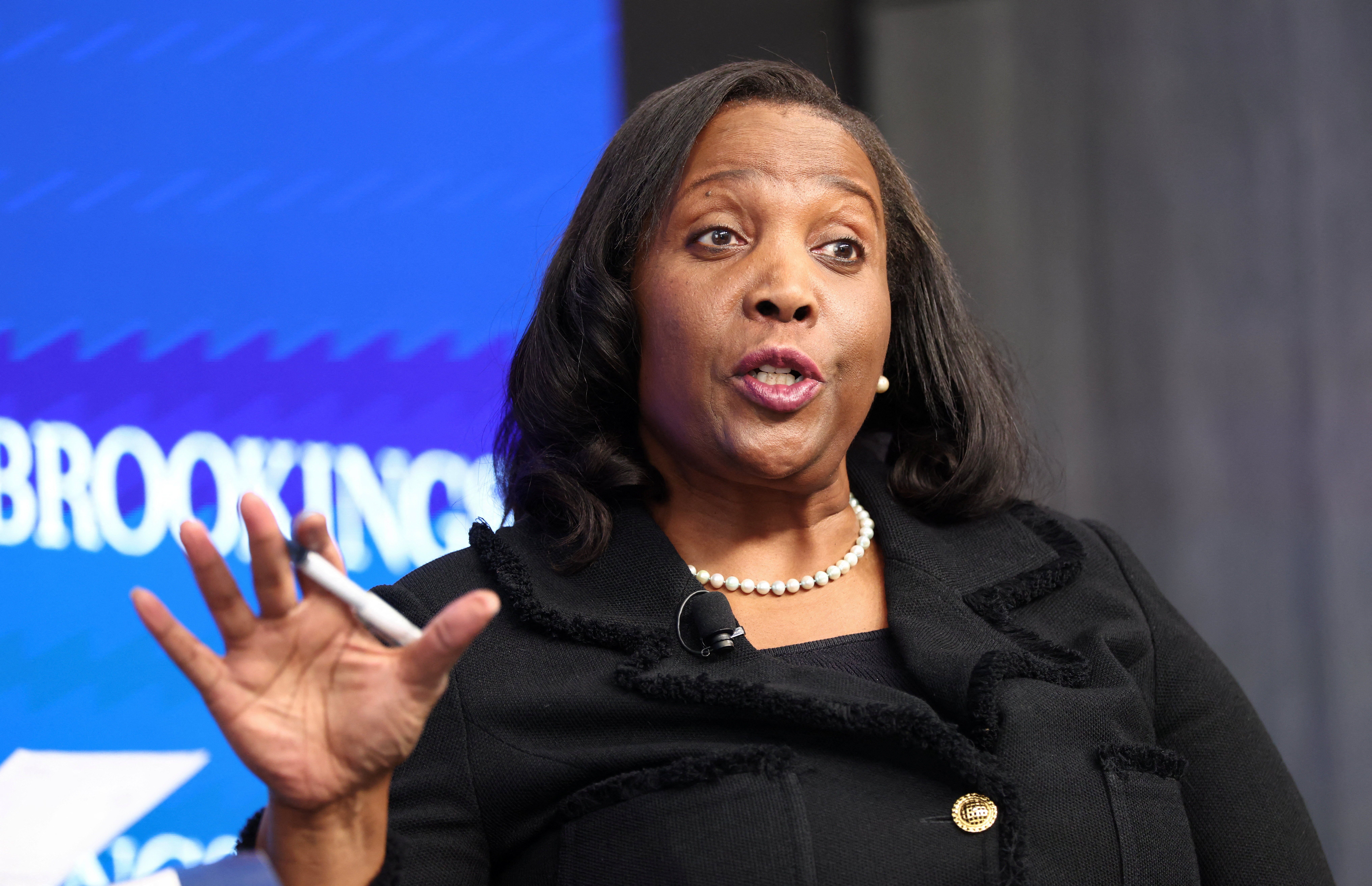Federal Reserve Board Governor Lisa Cook speaks at the Brookings Institution in Washington
