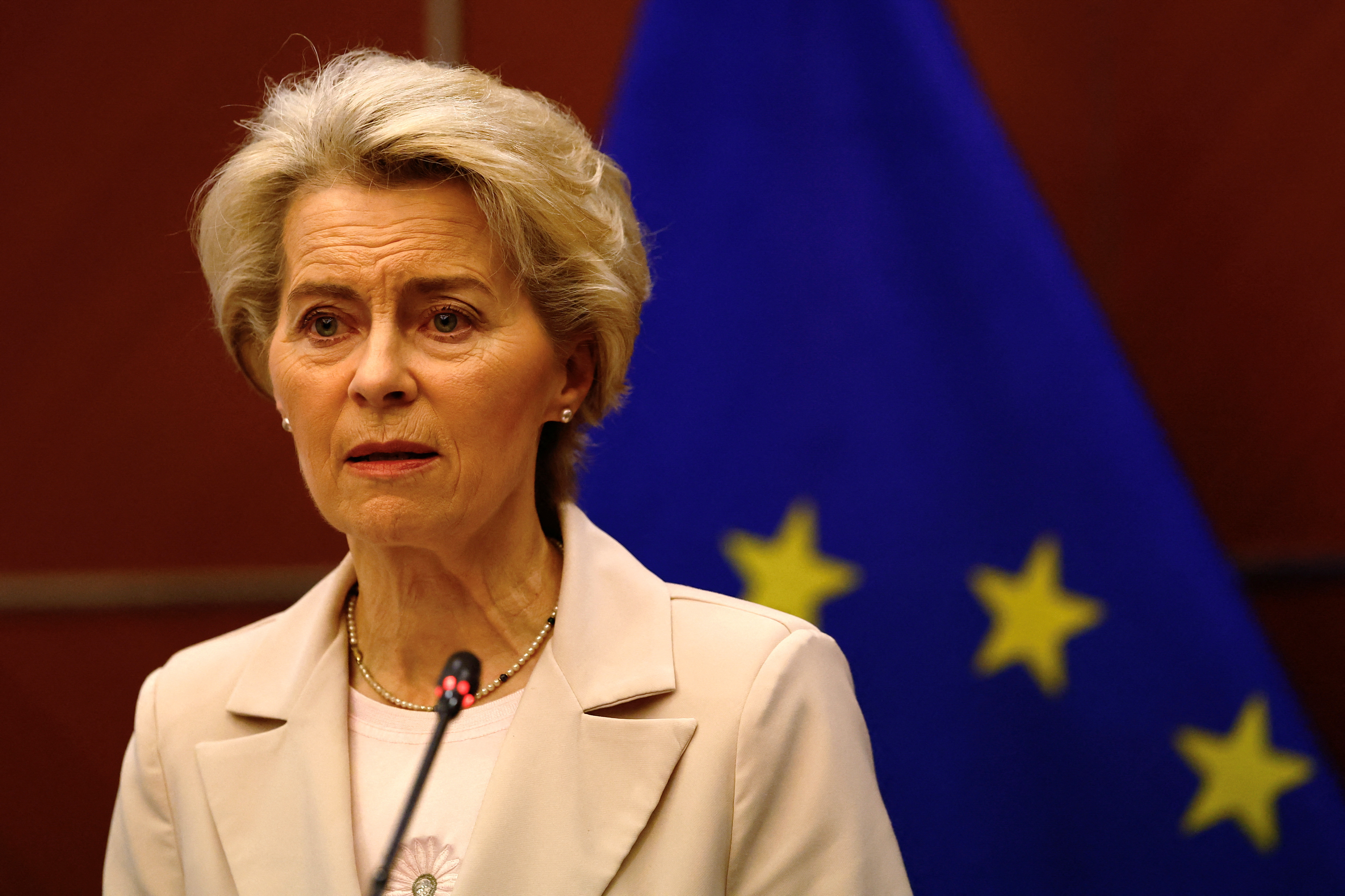 European Commission President Ursula von de Leyen attends a news conference following her meeting with Chinese President Xi Jinping in Beijing