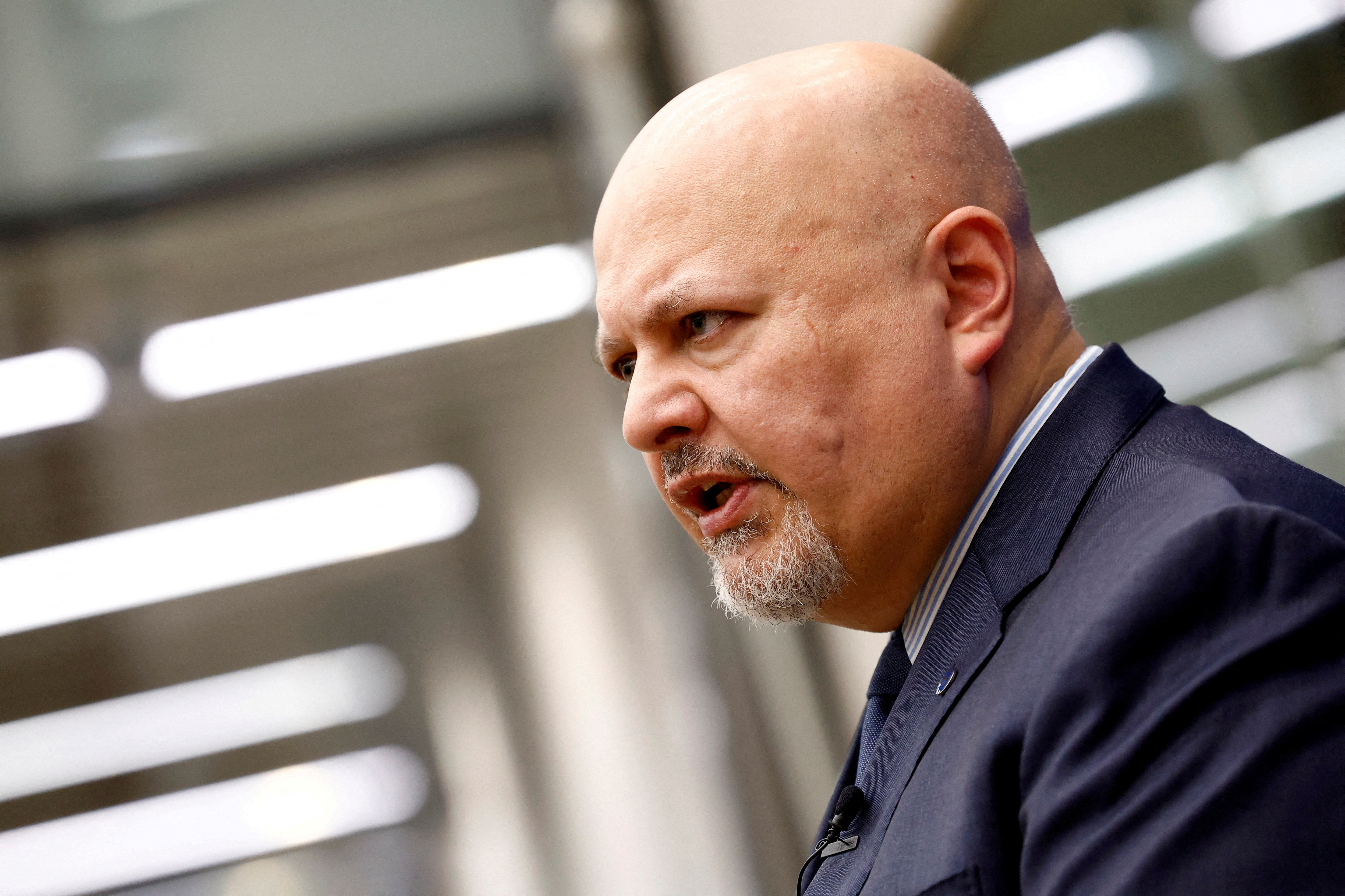 FILE PHOTO: International Criminal Court Prosecutor Karim Khan speaks during an interview with Reuters