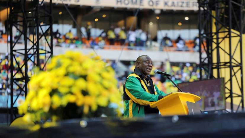 FILE PHOTO: President of the ANC Cyril Ramaphosa attends a rally ahead of the upcoming election at FNB stadium in Johannesburg
