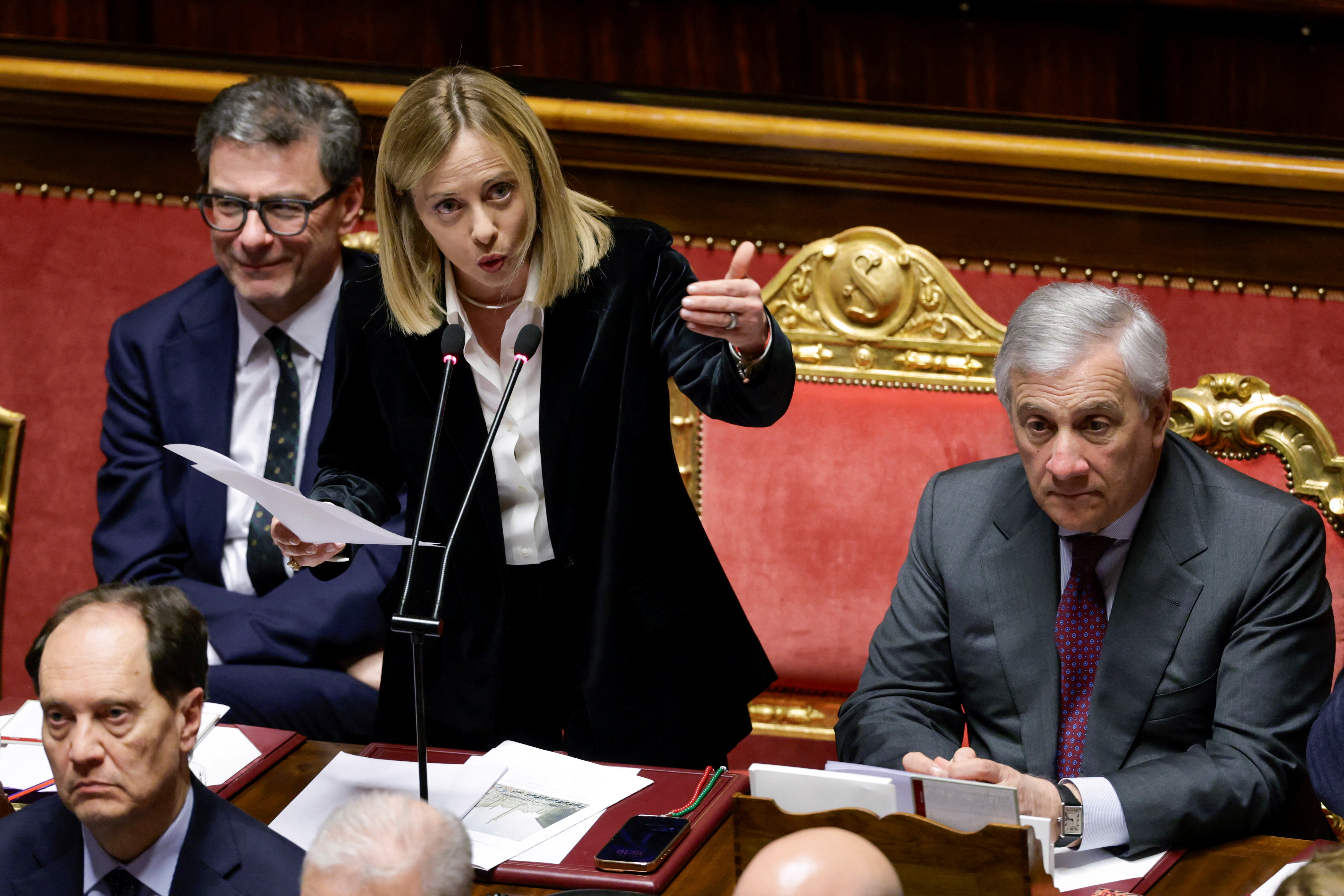 Italy's Prime Minister Giorgia Meloni addresses the upper house of the Parliament in Rome, ahead of a European Union leaders' summit, in Rome
