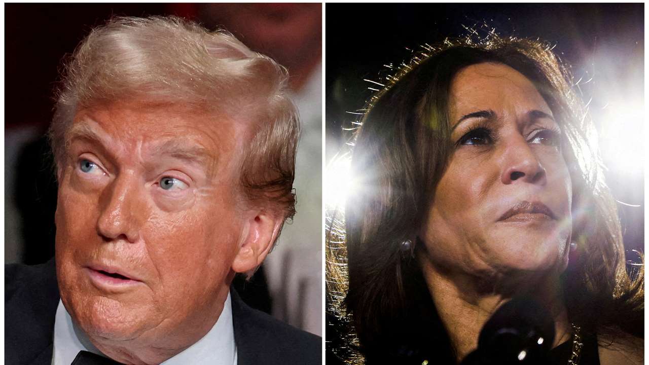 FILE PHOTO: US presidential candidates Trump and Harris are seen in a combination of file photographs