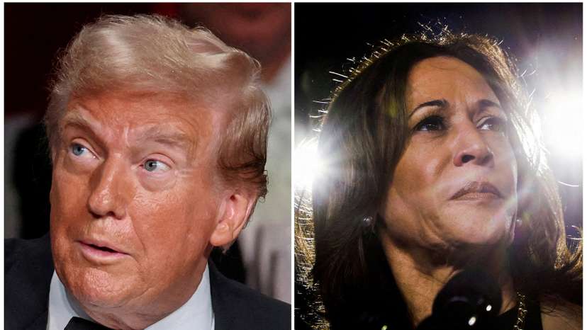FILE PHOTO: US presidential candidates Trump and Harris are seen in a combination of file photographs