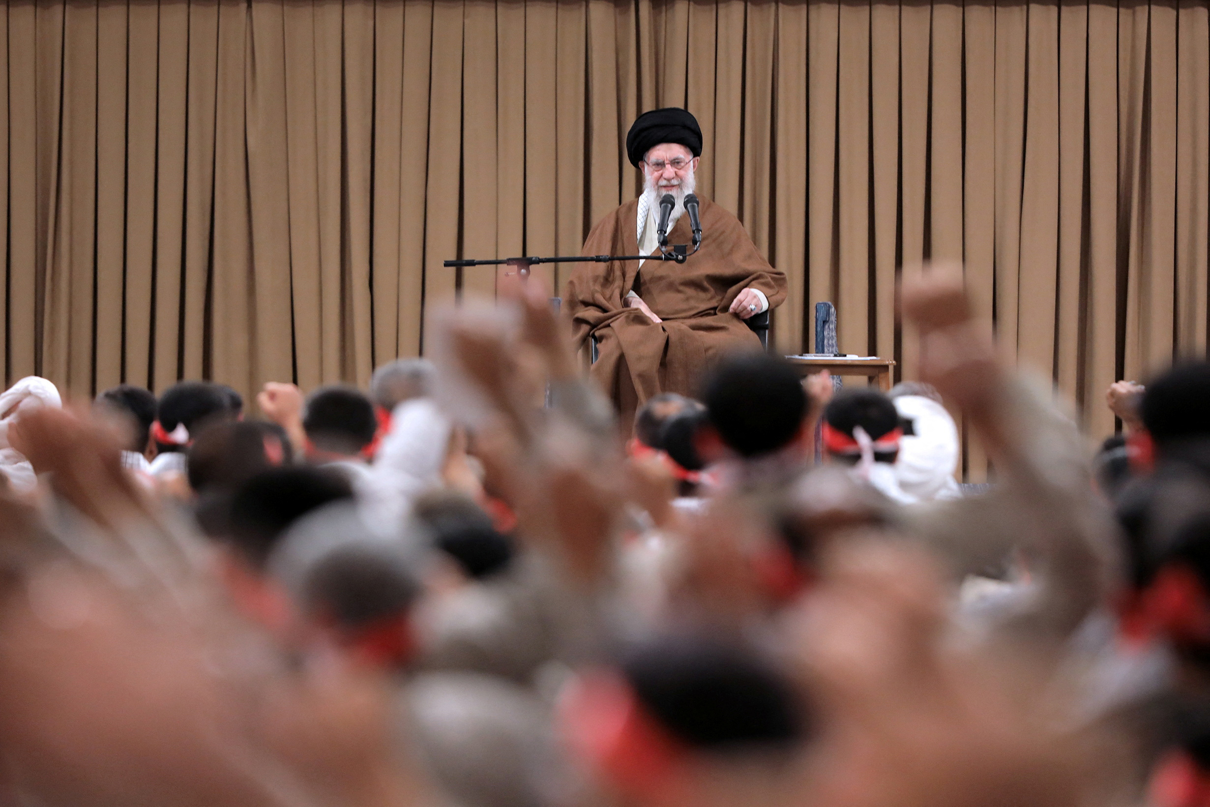 Iran's Supreme Leader Ayatollah Ali Khamenei speaks during a meeting with members of Iran's Basij militia in Tehran