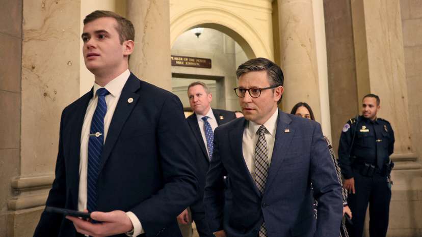 FILE PHOTO: House Speaker Johnson leaves his office as the deadline to avoid partial government shutdown looms in Washington, U.S.