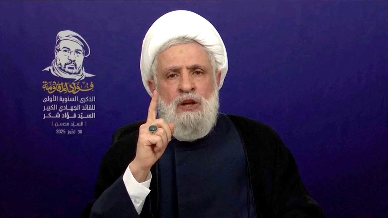 FILE PHOTO: Lebanon’s Hezbollah Chief Naim Qassem gives a televised speech
