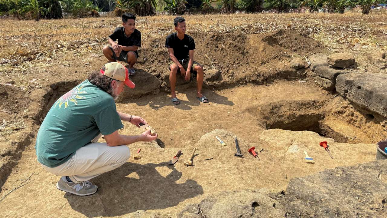 Archaeologists from Australia and Indonesia work at the site, where they found artefacts which scientists say may be evidence of humans living there 1.5 million years ago, in Soppeng