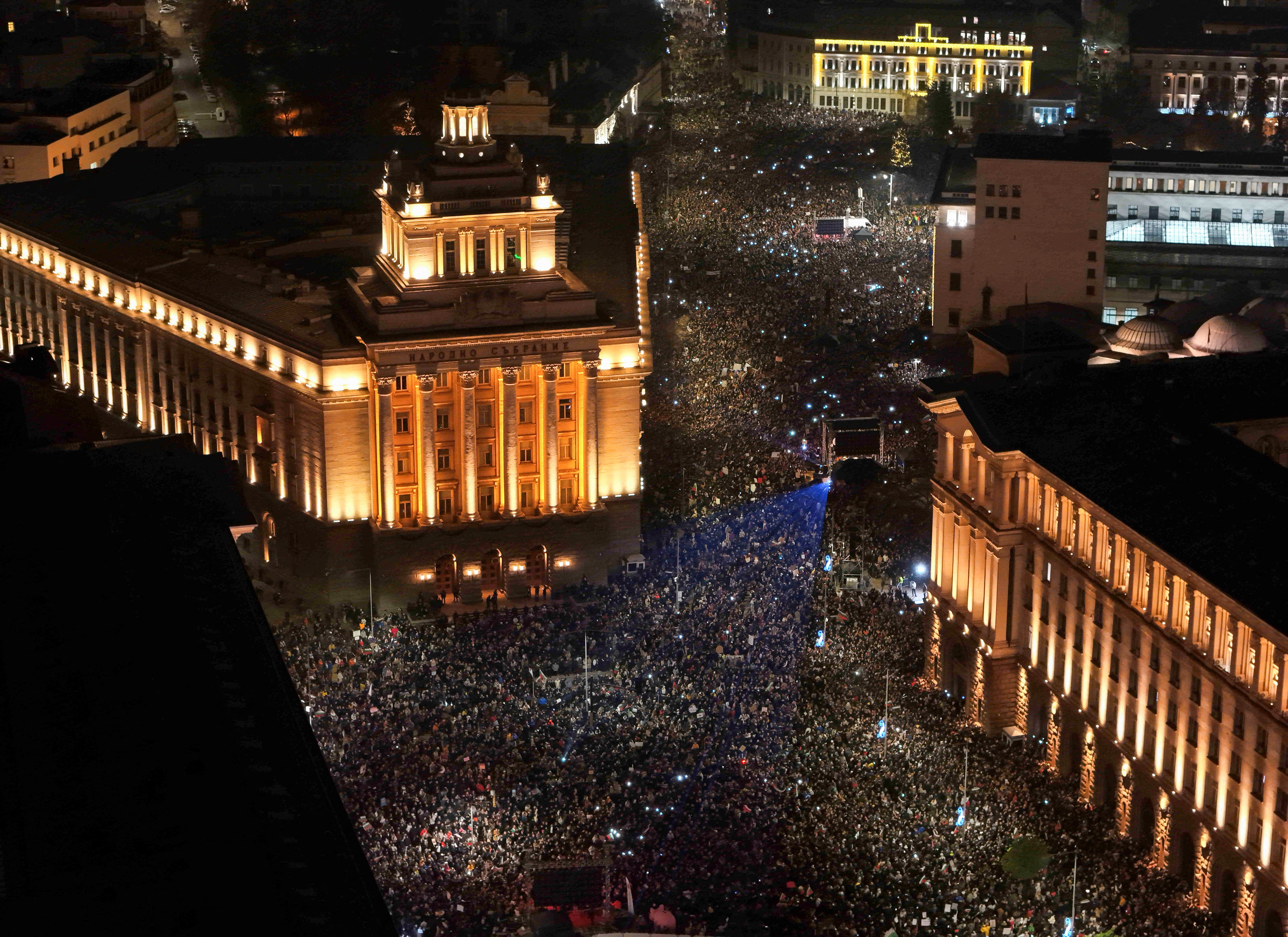 A drone view shows protesters demonstrating outside the parliament during an anti-government rally in Sofia