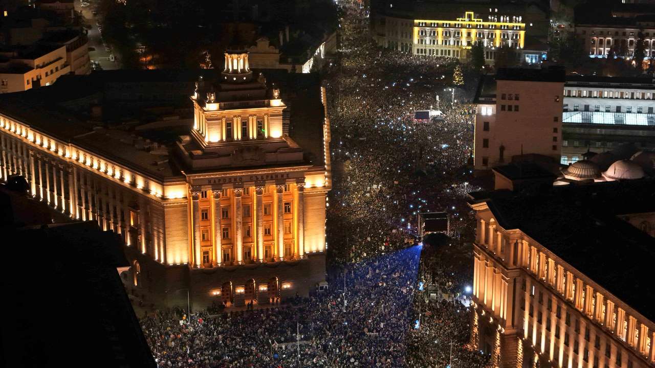 A drone view shows protesters demonstrating outside the parliament during an anti-government rally in Sofia