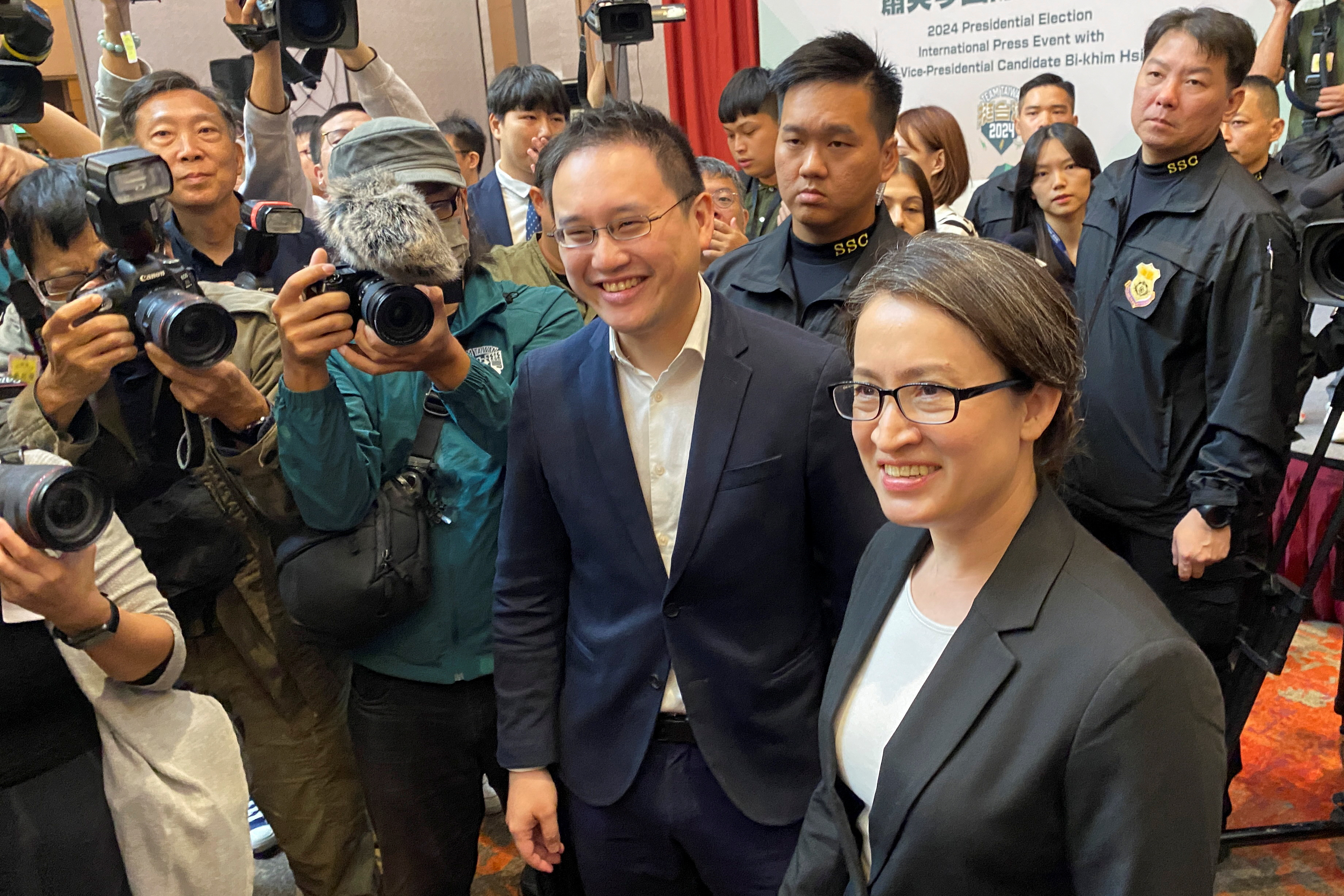 Hsiao Bi-khim, speaks to the media during a press conference in Taipei