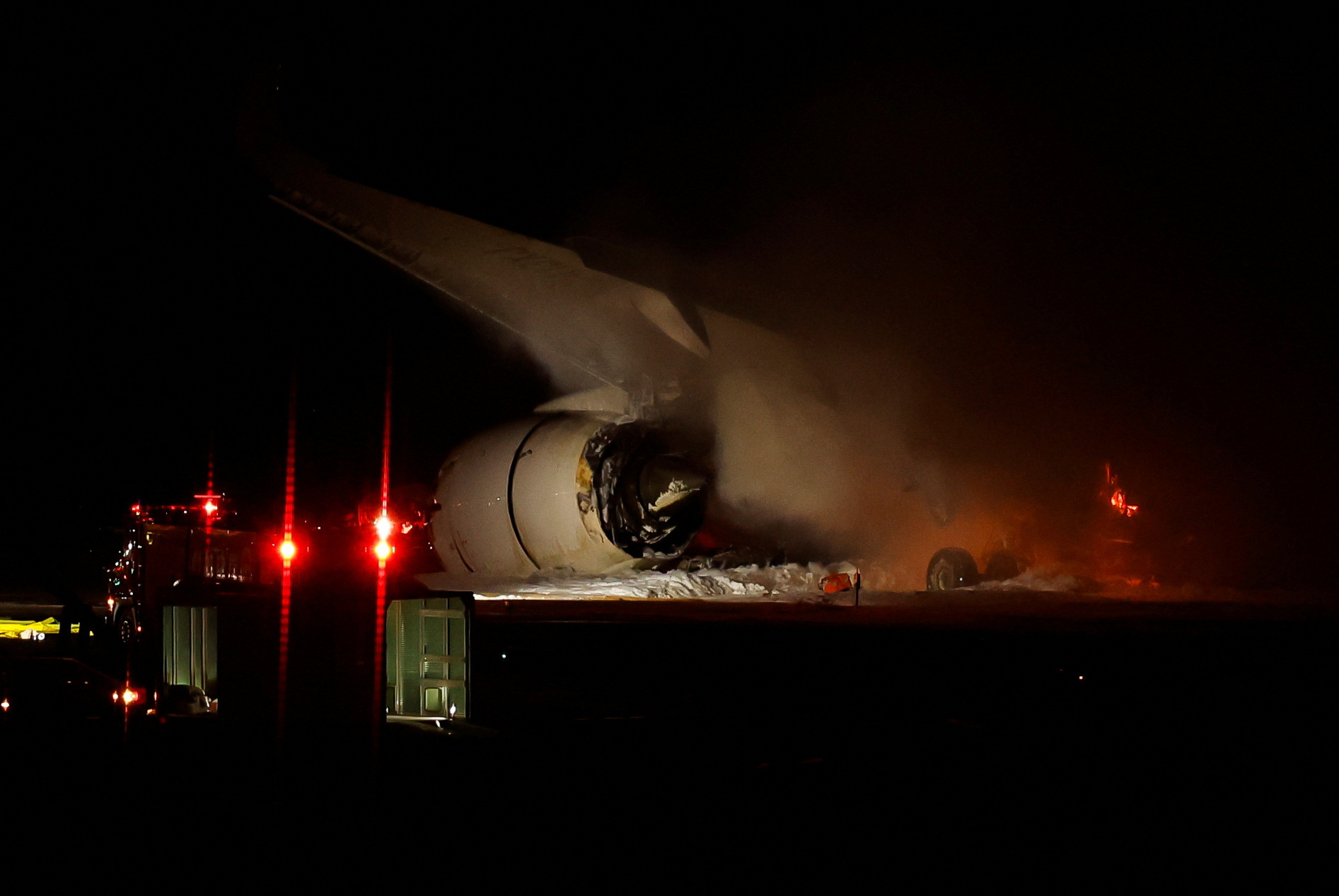 Japan Airlines' A350 airplane on fire at Haneda International Airport in Tokyo