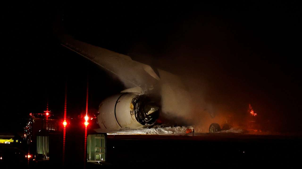Japan Airlines' A350 airplane on fire at Haneda International Airport in Tokyo