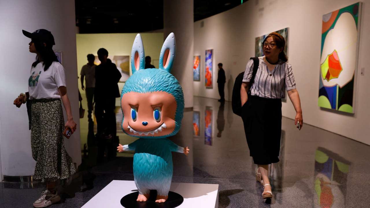 Labubu figurine is displayed before an auction in Beijing