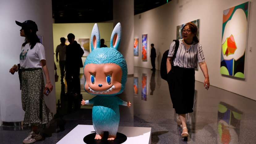 Labubu figurine is displayed before an auction in Beijing
