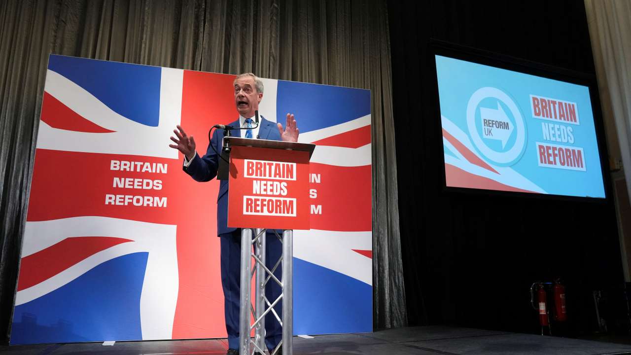 Honorary President of the Reform UK party Nigel Farage attends press conference, in London