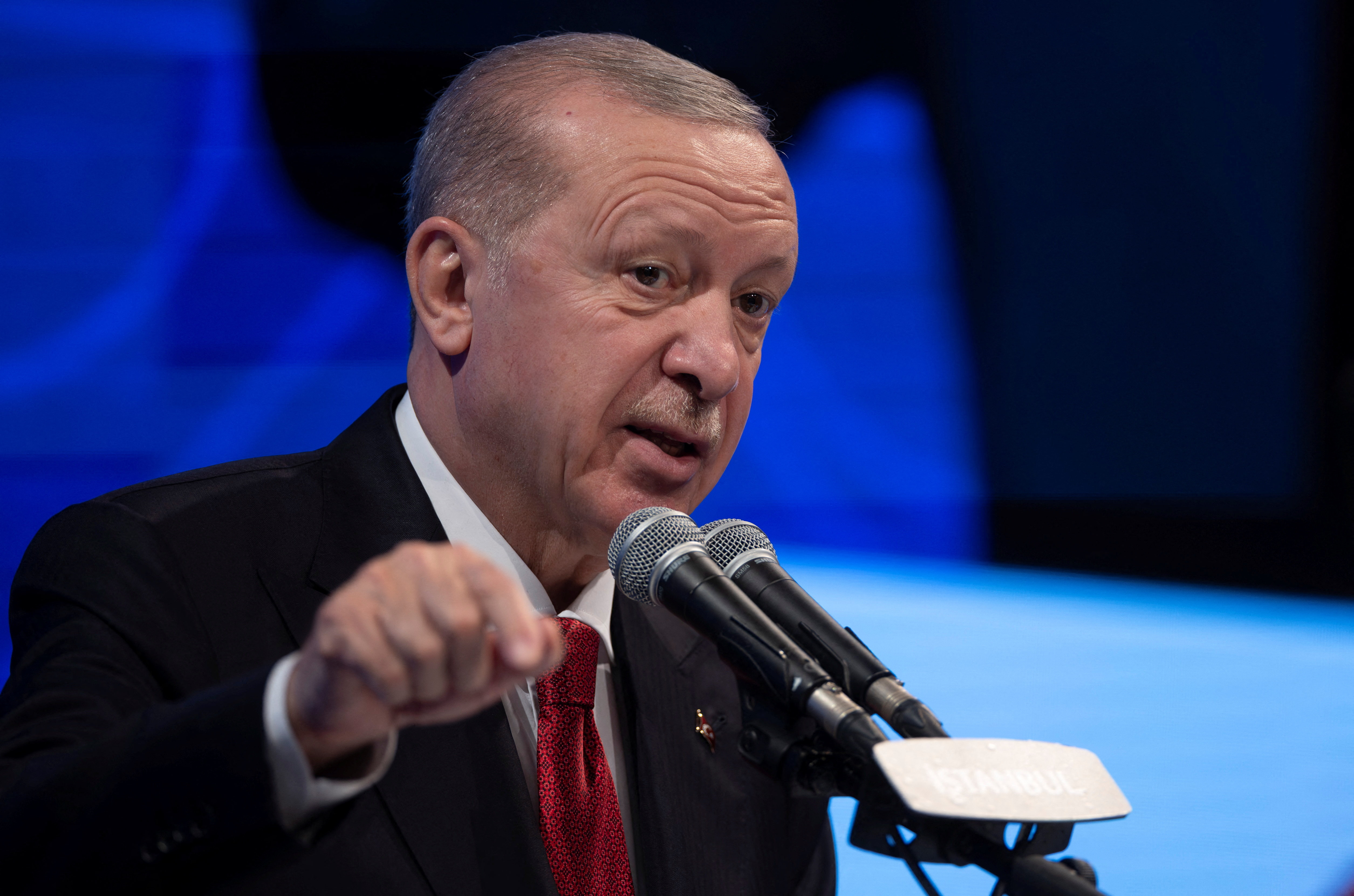 Turkish President Tayyip Erdogan delivers a speech at Bogazici University in Istanbul