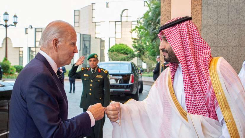 FILE PHOTO: Saudi Crown Prince Mohammed bin Salman fist bumps U.S. President Joe Biden upon his arrival at Al Salman Palace, in Jeddah