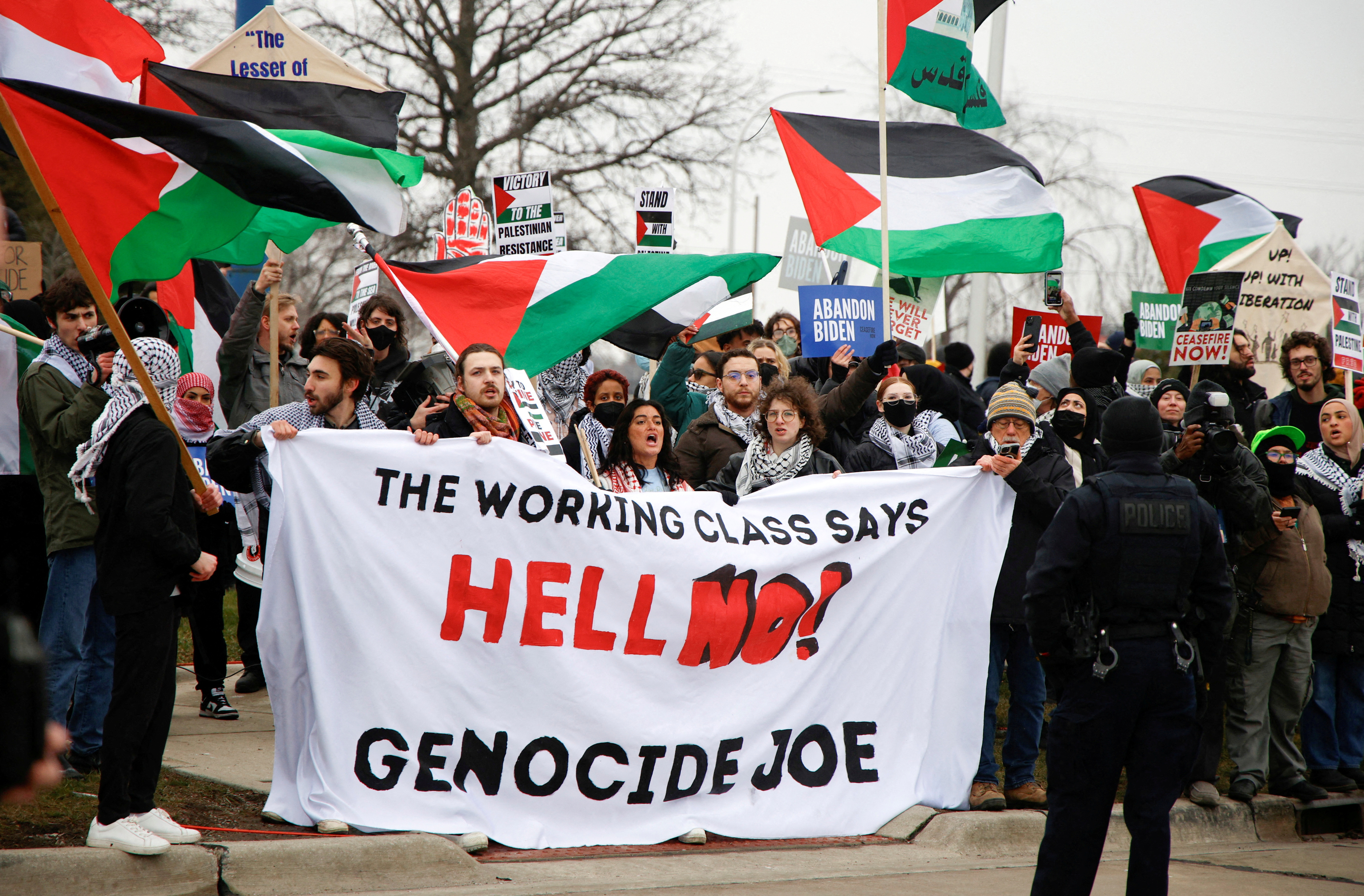 FILE PHOTO: Protestors rally for a Cease Fire in Gaza outside a UAW union hall during a visit by U.S. President Joe Biden