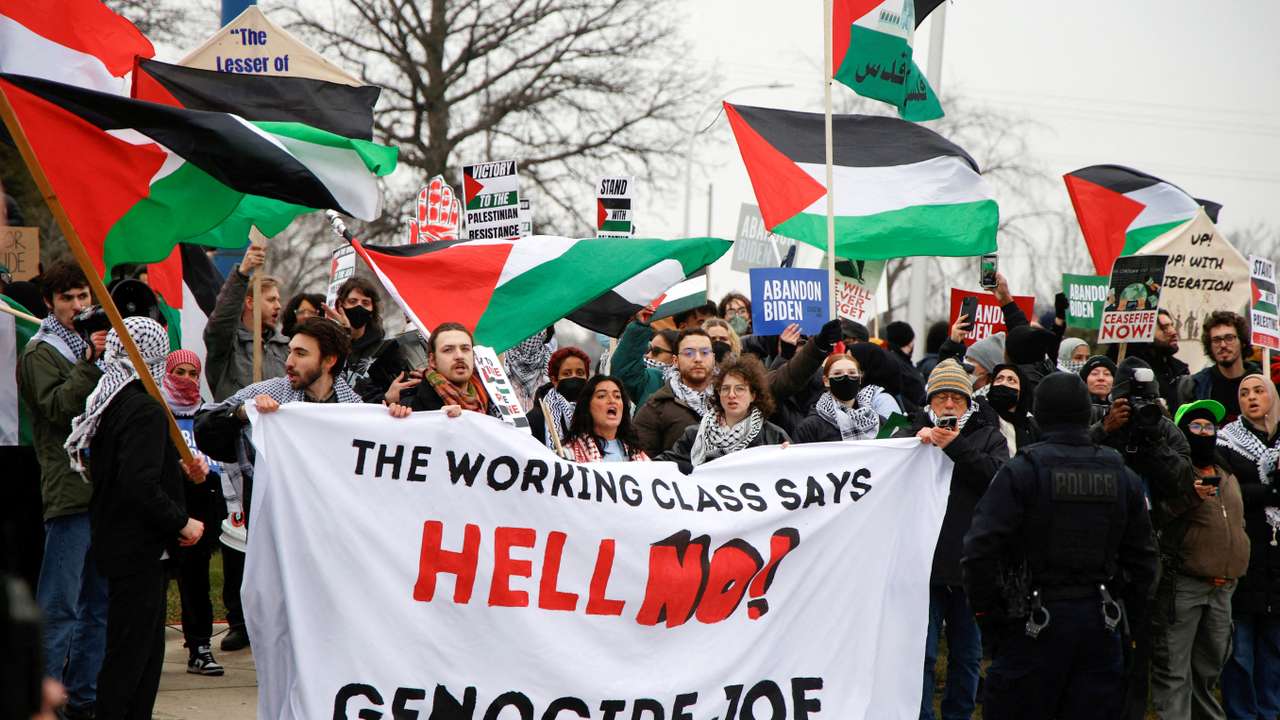FILE PHOTO: Protestors rally for a Cease Fire in Gaza outside a UAW union hall during a visit by U.S. President Joe Biden