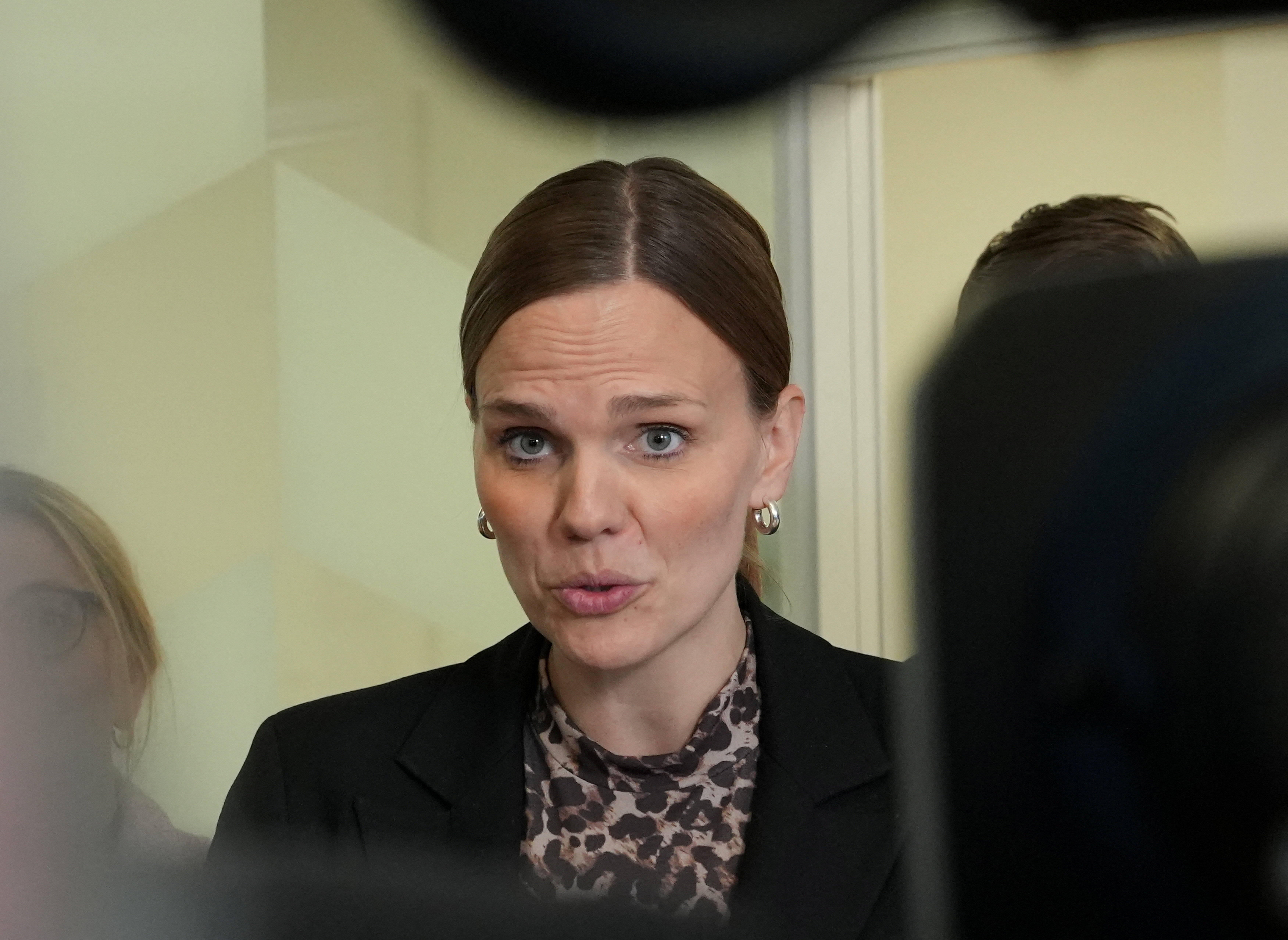 Caroline Stage, Danish Minister for Digitalisation, attends a press conference in Copenhagen