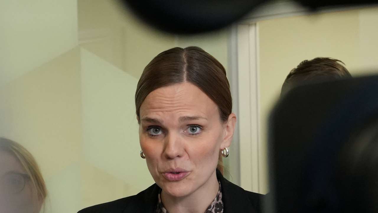 Caroline Stage, Danish Minister for Digitalisation, attends a press conference in Copenhagen