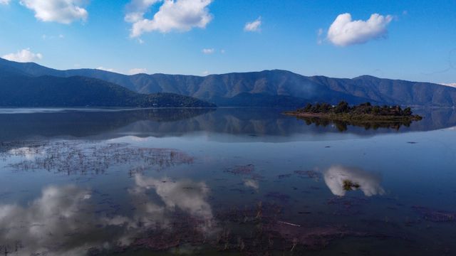 A drone view shows Aculeo lagoon following a pouring rain season, in Aculeo, Metropolitan region, Chile