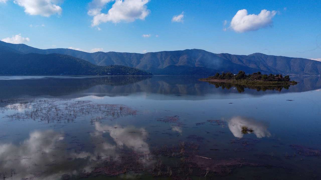 A drone view shows Aculeo lagoon following a pouring rain season, in Aculeo, Metropolitan region, Chile