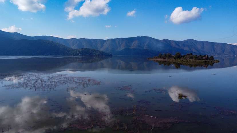 A drone view shows Aculeo lagoon following a pouring rain season, in Aculeo, Metropolitan region, Chile