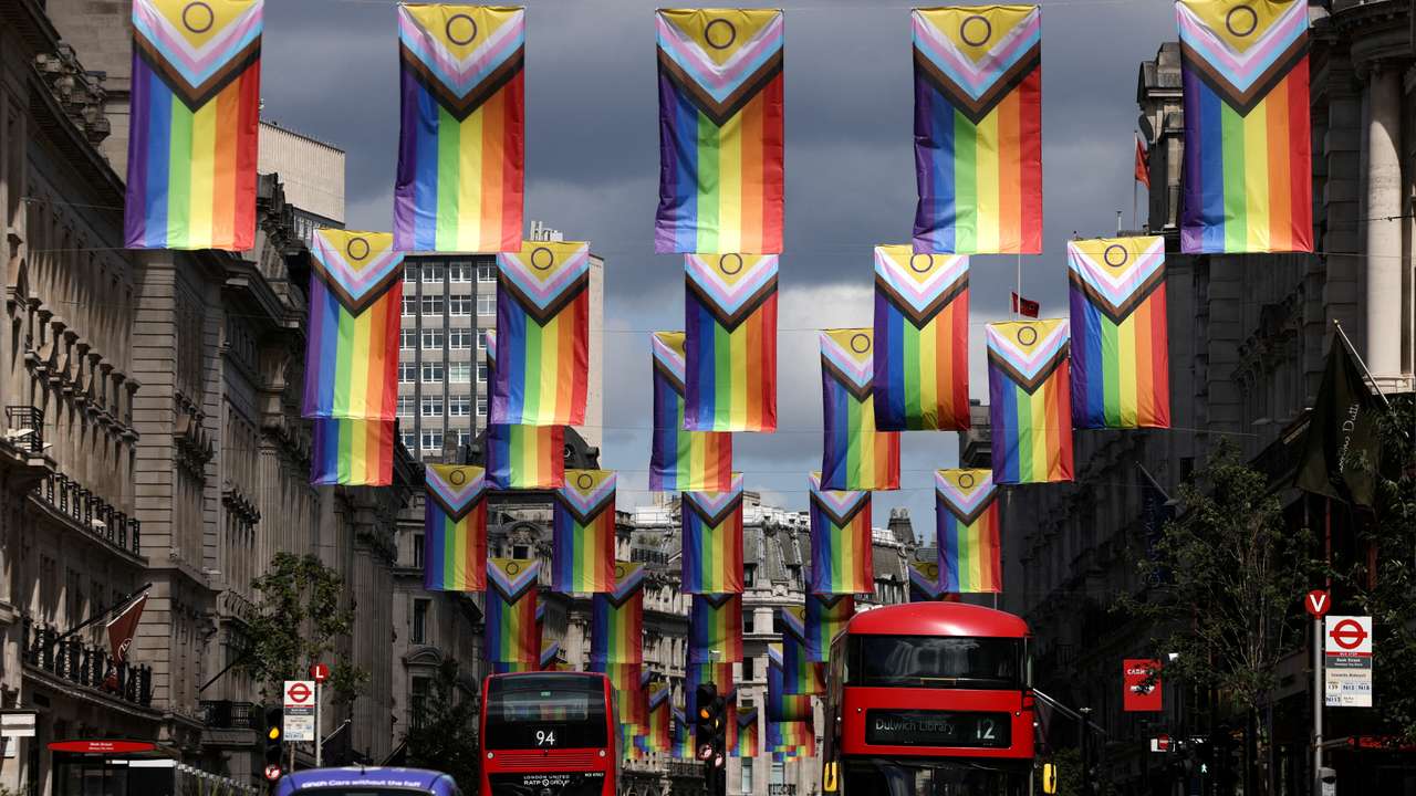 FILE PHOTO: Intersex-Inclusive Pride flags hang across Regent Street in London