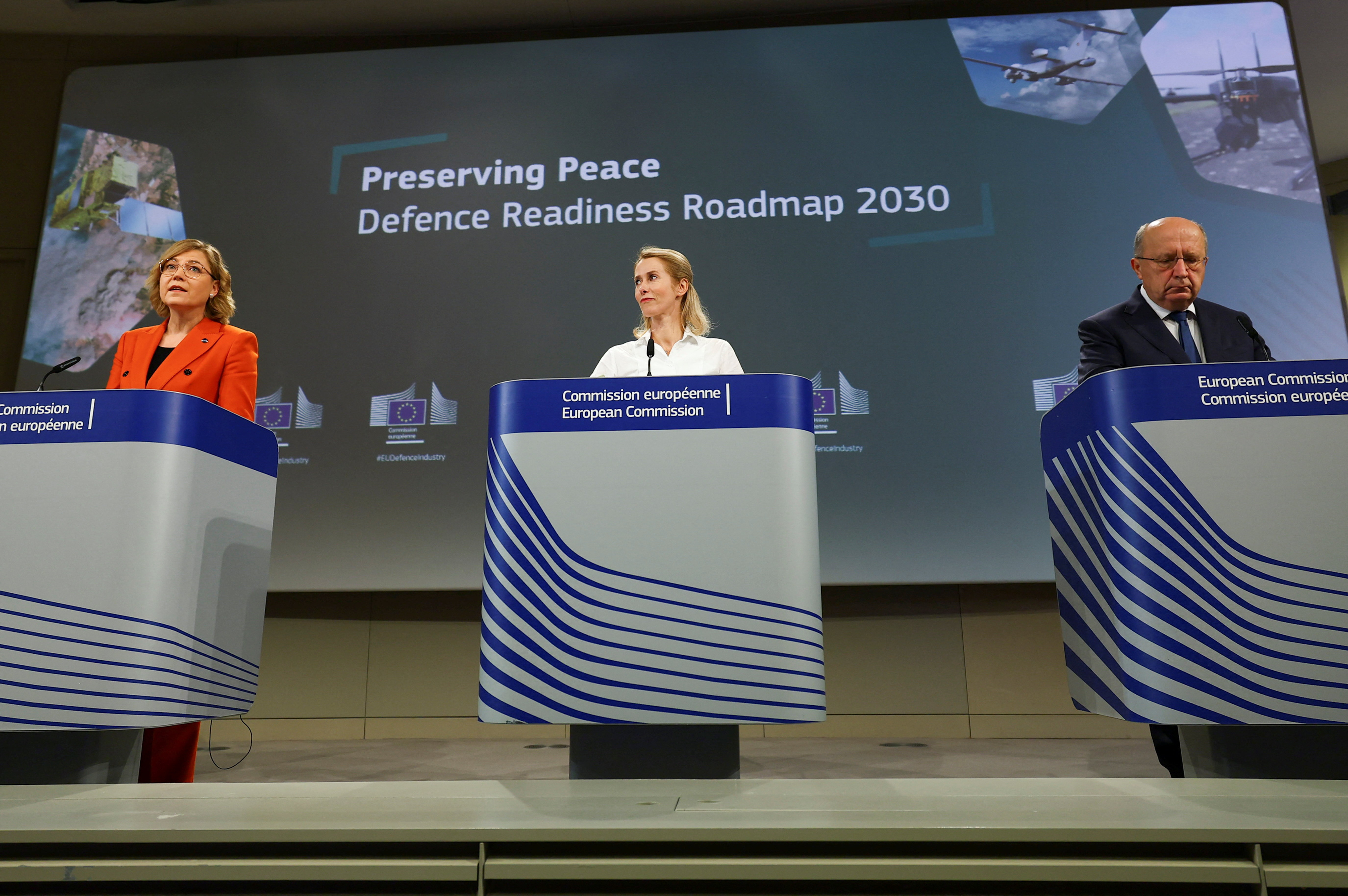 EU High Representative for Foreign Affairs and Security Policy Kallas presents a "Defence Readiness Roadmap 2030", in Brussels
