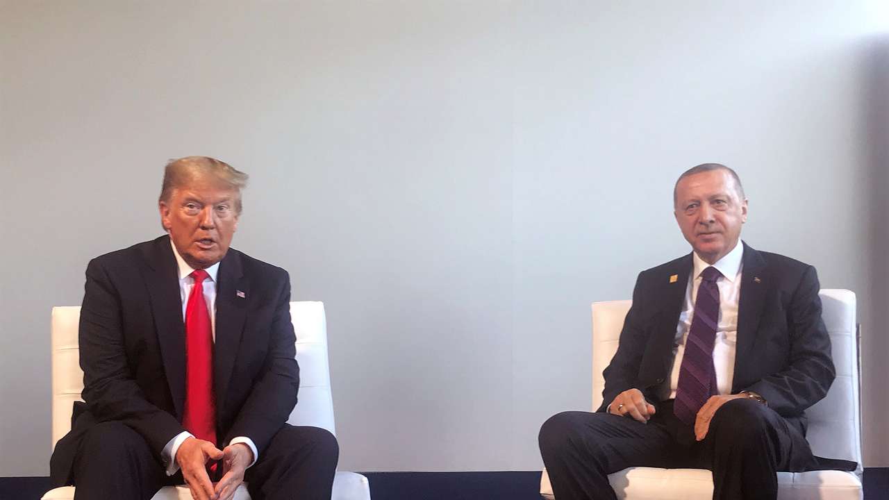 Turkish President Tayyip Erdogan meets with U.S. President Donald Trump during the NATO summit in London