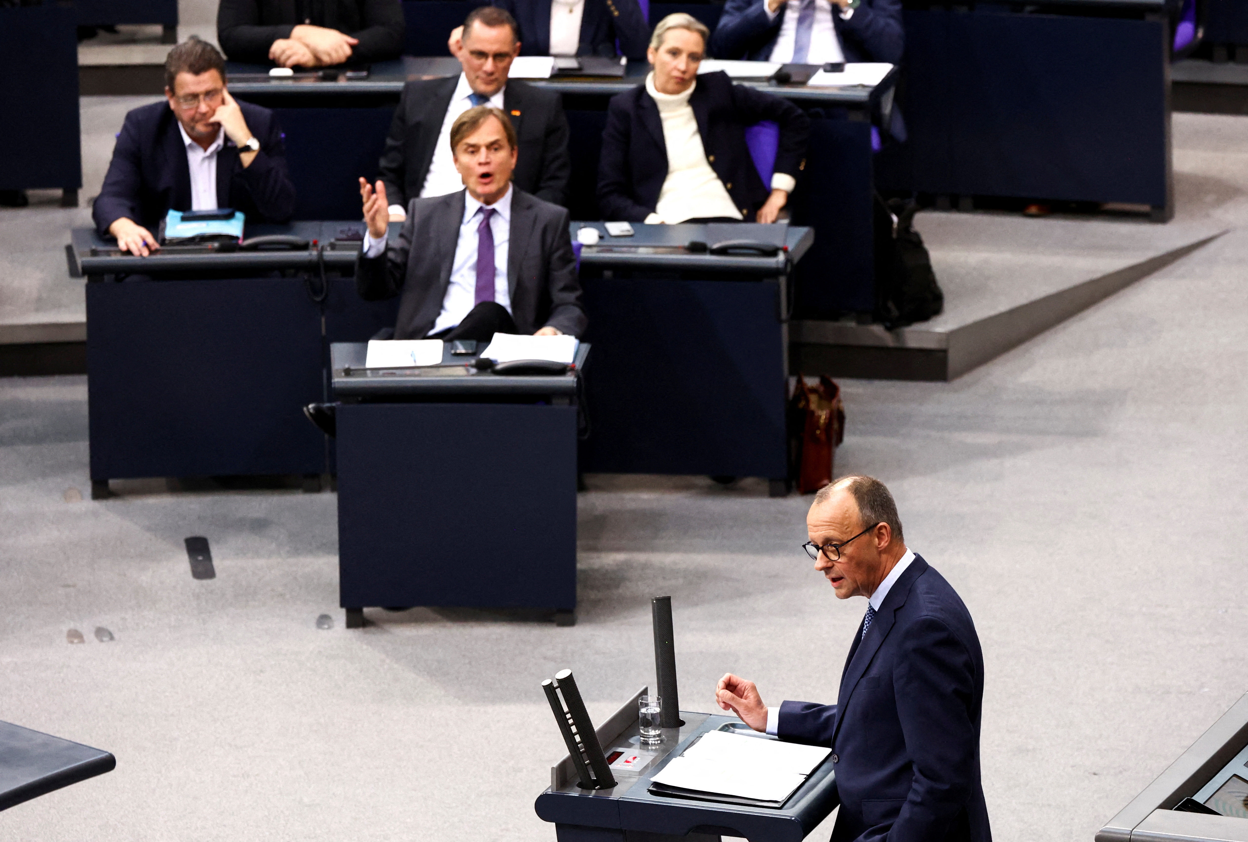 Christian Democratic Party (CDU) party leader Friedrich Merz speaks at the German lower house of parliament Bundestag in Berlin