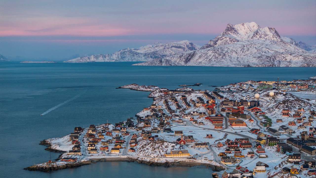A drone view shows a general view of Nuuk