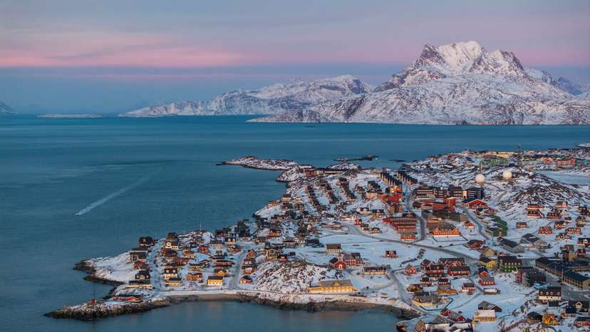 A drone view shows a general view of Nuuk