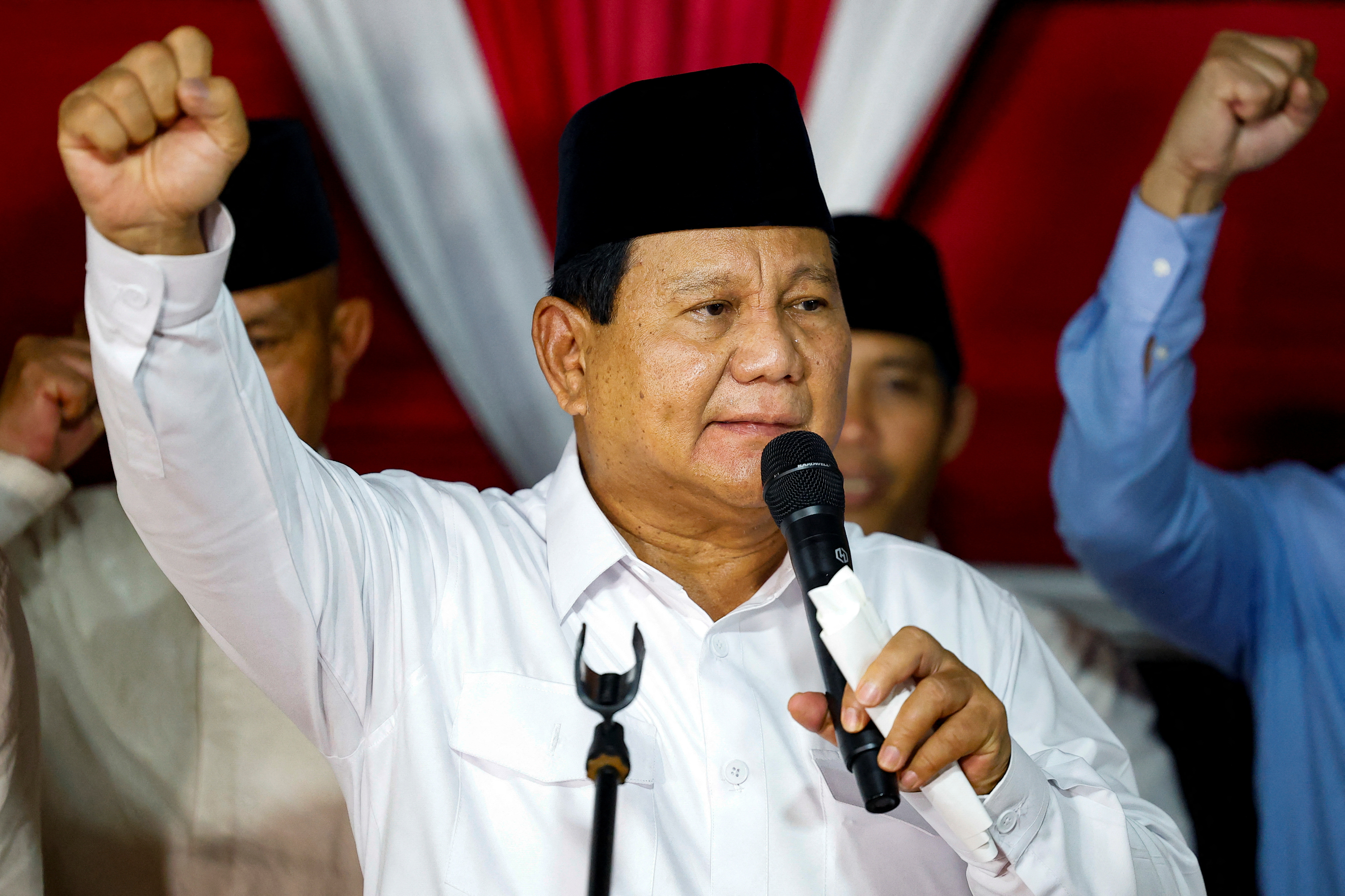 Indonesia's front-runner presidential candidate Prabowo Subianto gives a speech after the announcement of the presidential election result, in Jakarta