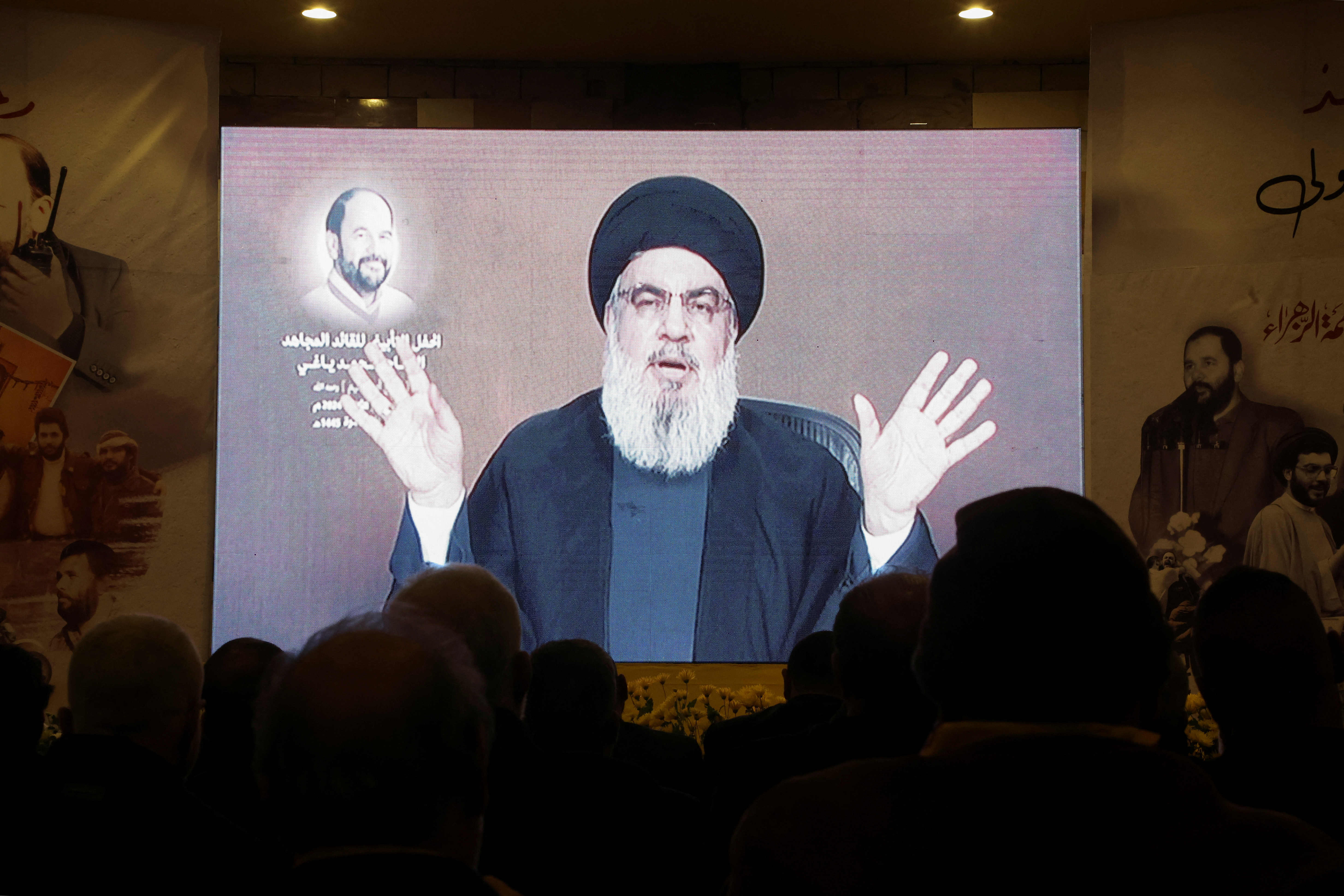 Lebanon's Hezbollah leader Sayyed Hassan Nasrallah gives a televised address in Baalbek