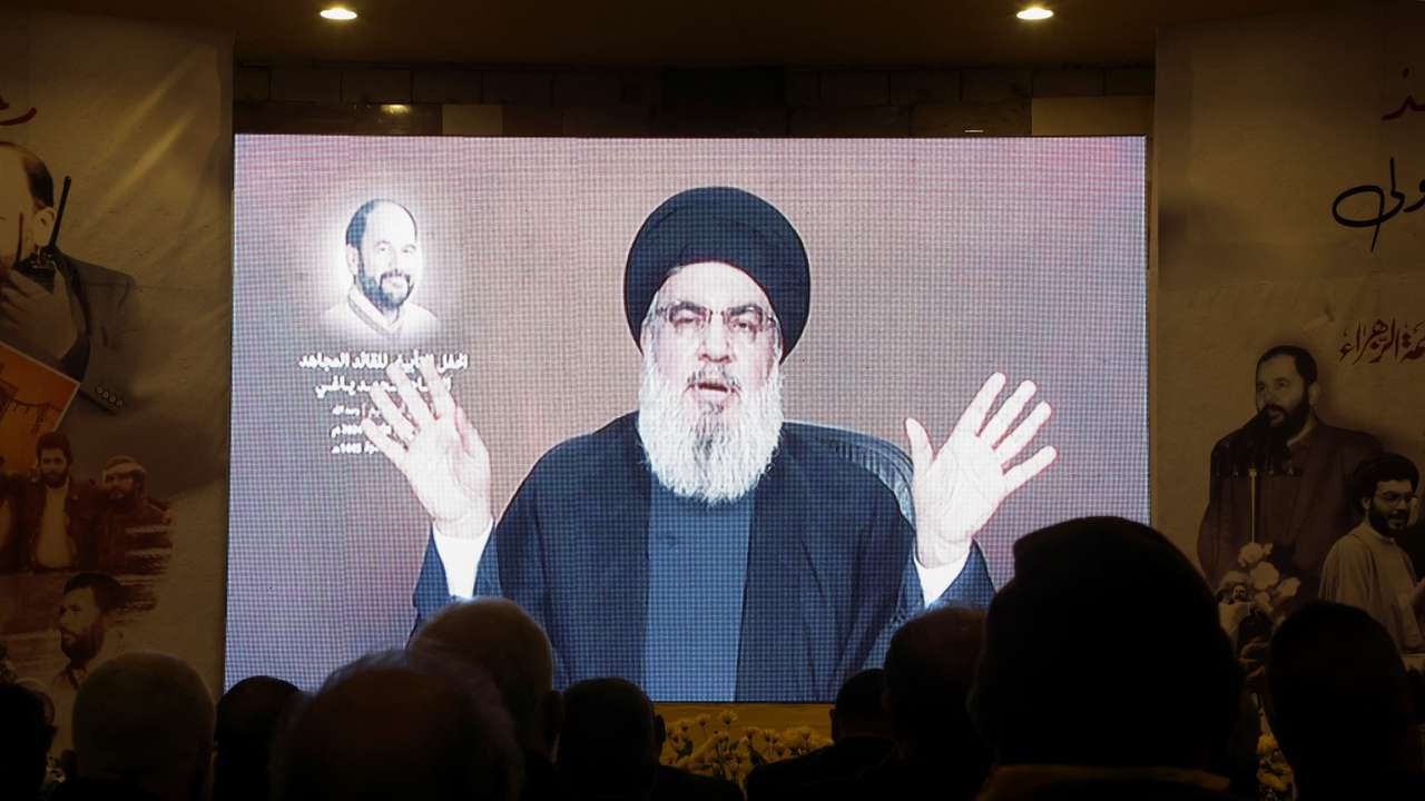 Lebanon's Hezbollah leader Sayyed Hassan Nasrallah gives a televised address in Baalbek