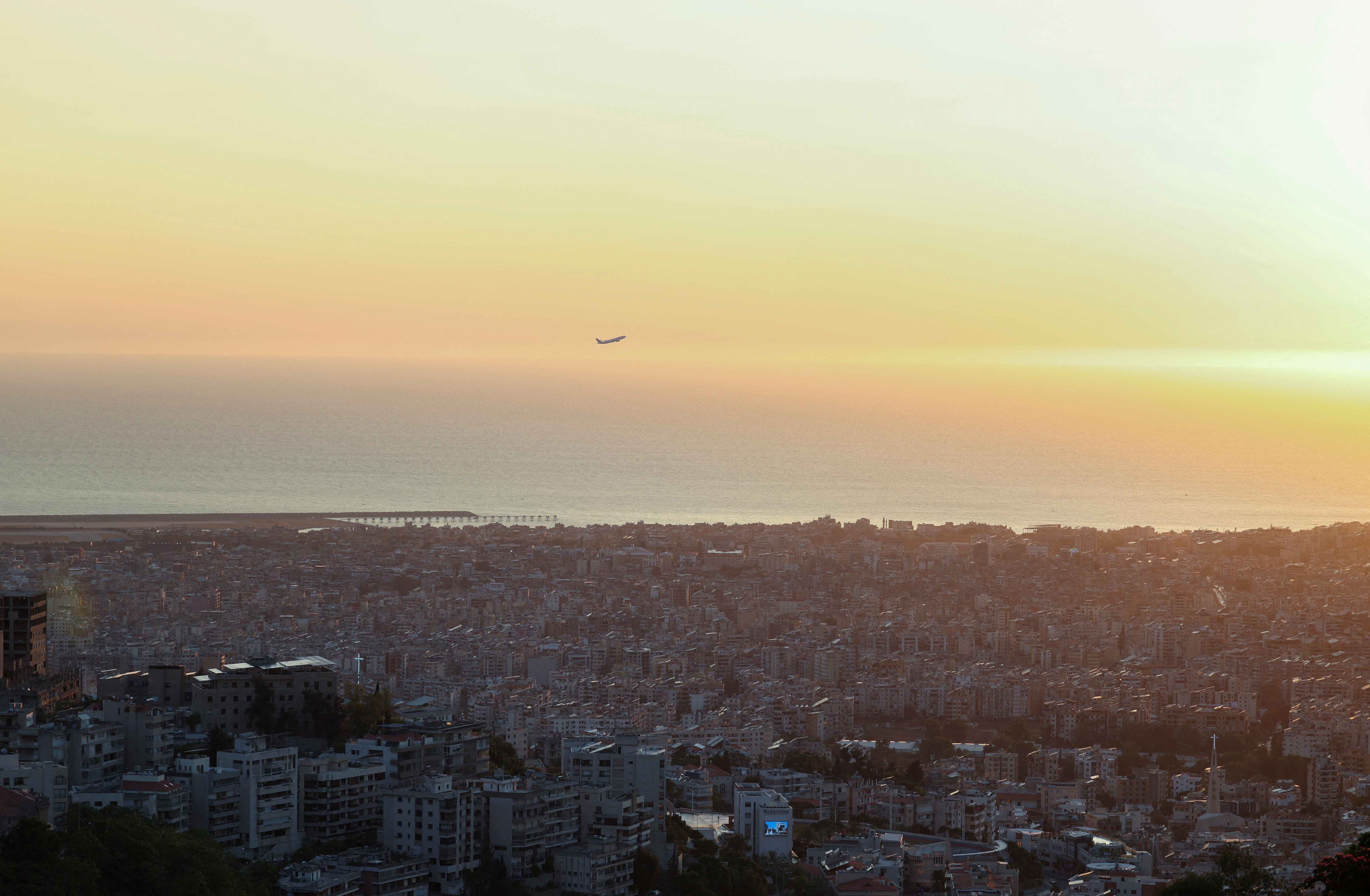 FILE PHOTO: An airplane takes off from Beirut airport as pictured from Baabda