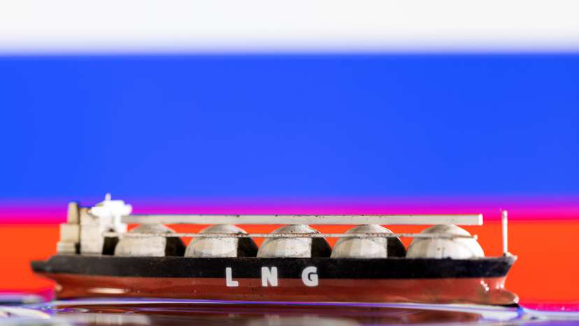 Illustration shows model of LNG tanker and Russia's flag