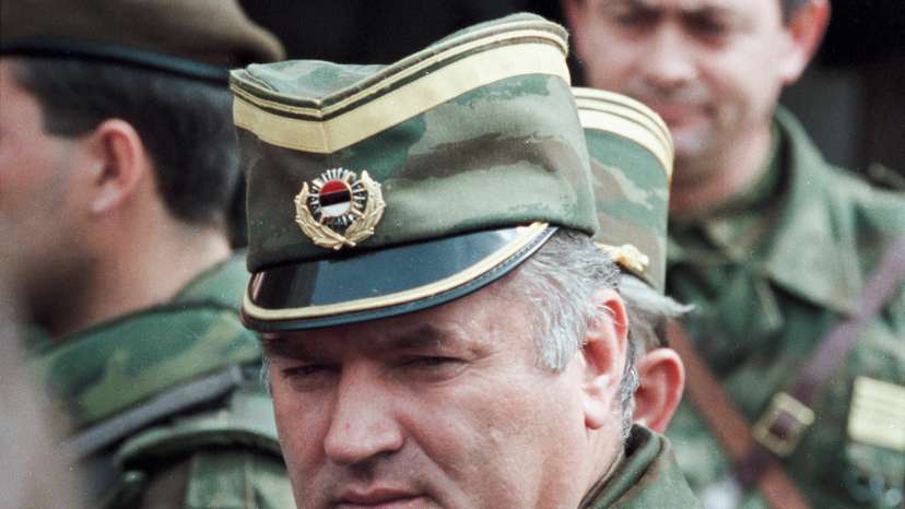 Bosnian Serb General Ratko Mladic leaves a meeting at the airport in Sarajevo