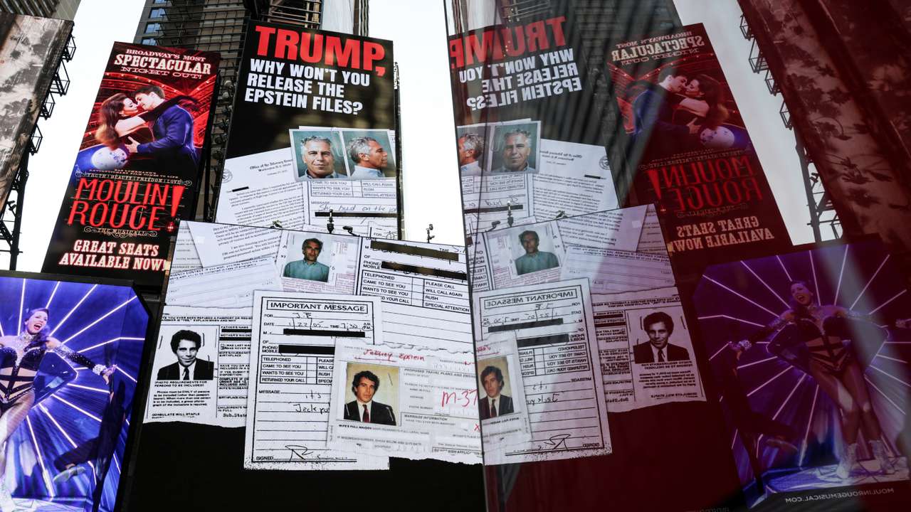 A screen about the Jeffrey Epstein files is displayed at Times Square in New York City