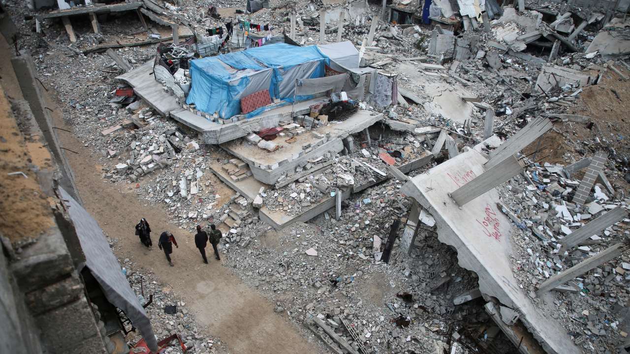 Houses destroyed in previous Israeli strikes lie in ruin, in Khan Younis in the southern Gaza Strip