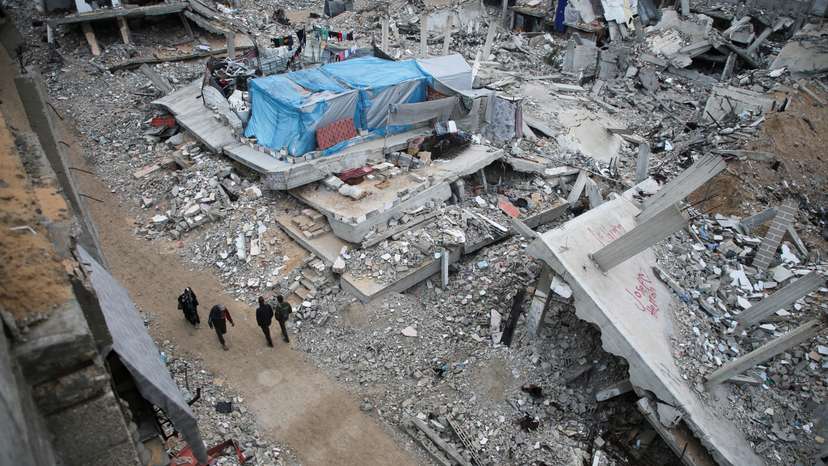 Houses destroyed in previous Israeli strikes lie in ruin, in Khan Younis in the southern Gaza Strip