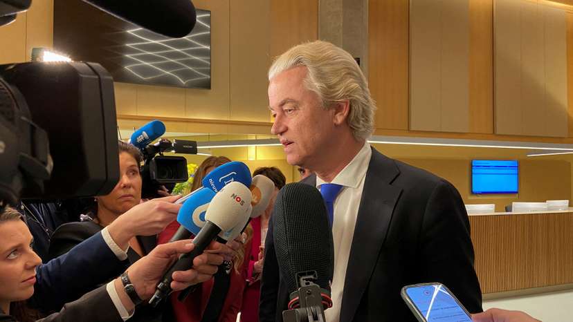 FILE PHOTO: Dutch far-right leader Geert Wilders speaks to media in The Hague