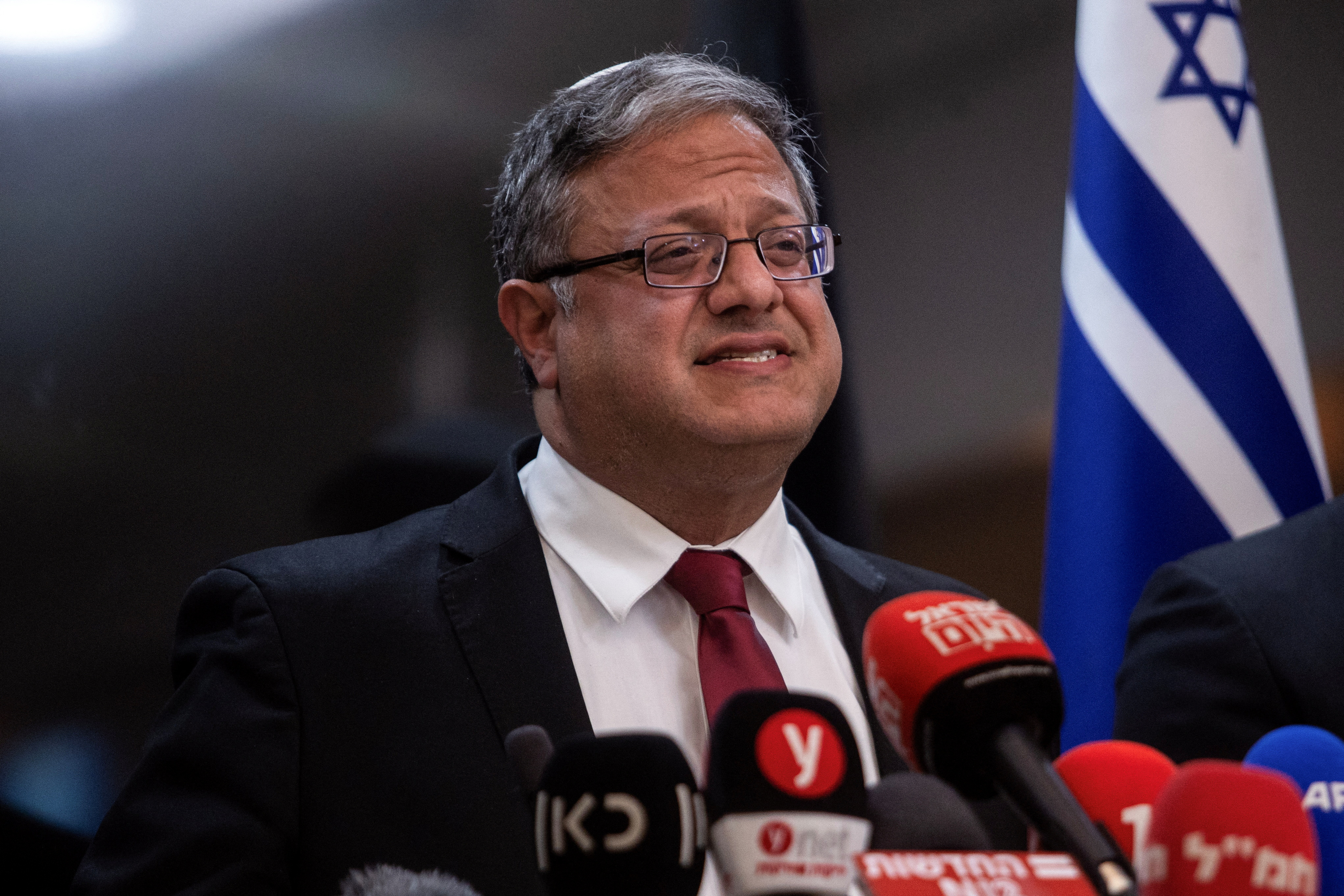 FILE PHOTO: Israeli National Security Minister and head of Jewish Power party, Itamar Ben-Gvir, gives a statement to members of the press, ahead of a possible ceasefire between Israel and Hamas, in Jerusalem