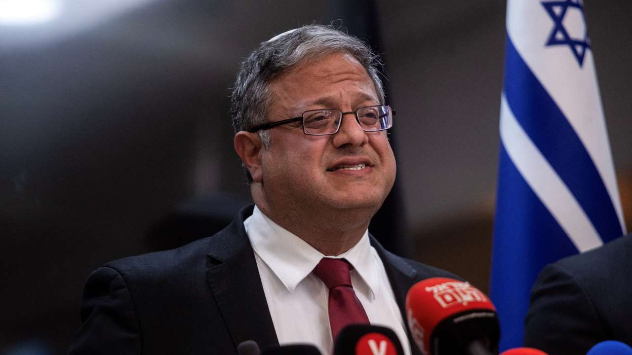 FILE PHOTO: Israeli National Security Minister and head of Jewish Power party, Itamar Ben-Gvir, gives a statement to members of the press, ahead of a possible ceasefire between Israel and Hamas, in Jerusalem